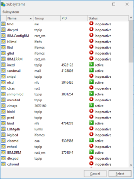 An image showing the AIX Subsystems dialog
